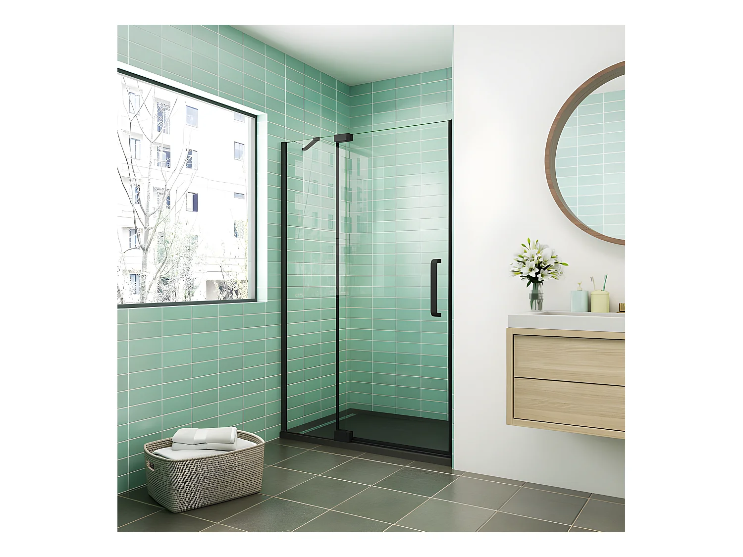 Porte de douche pivotante 120x195cm - Noir Mat - Verre 8mm verre securit anticalcaire