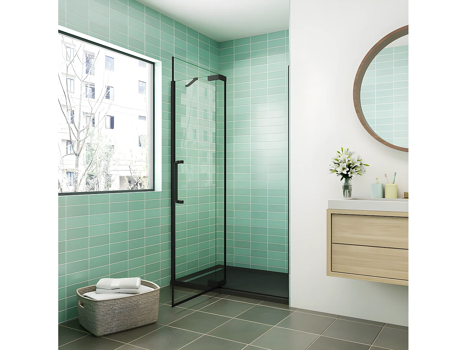 Porte de douche pivotante 120x195cm - Noir Mat - Verre 8mm verre securit anticalcaire