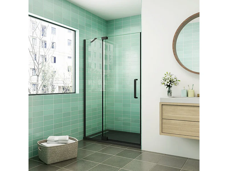 Porte de douche pivotante 100x195cm - Noir Mat - Verre 8mm verre securit anticalcaire