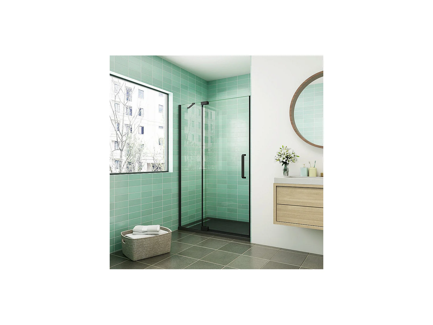Porte de douche pivotante 100x195cm - Noir Mat - Verre 8mm verre securit anticalcaire
