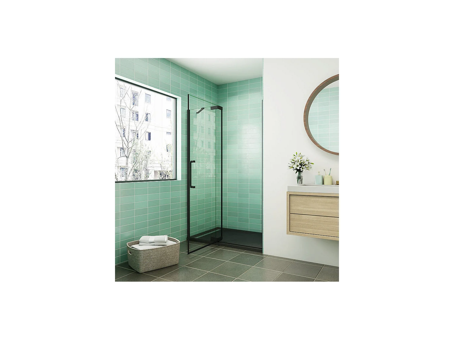 Porte de douche pivotante 100x195cm - Noir Mat - Verre 8mm verre securit anticalcaire