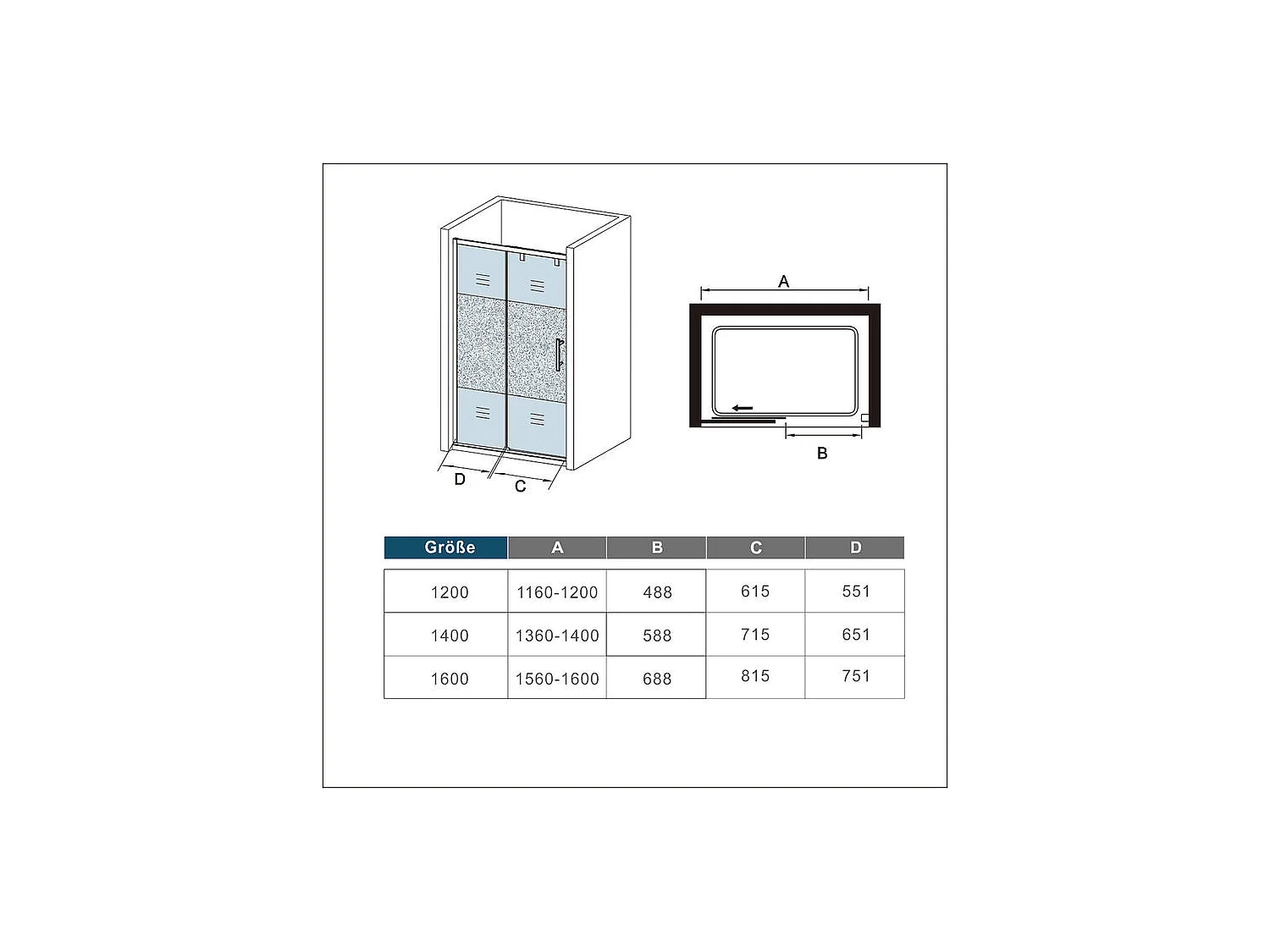 Schuifdeur met schokdemper, midden met 120x190cm gezandstraald glas dat aan de linkerkant is geïnstalleerd
