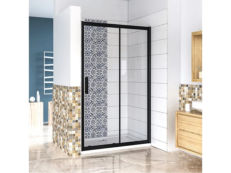 Porte de douche 120x195cm avec l'amortisseur - Noir Mat - Porte de douche coulissante en 8mm verre anticalcaire