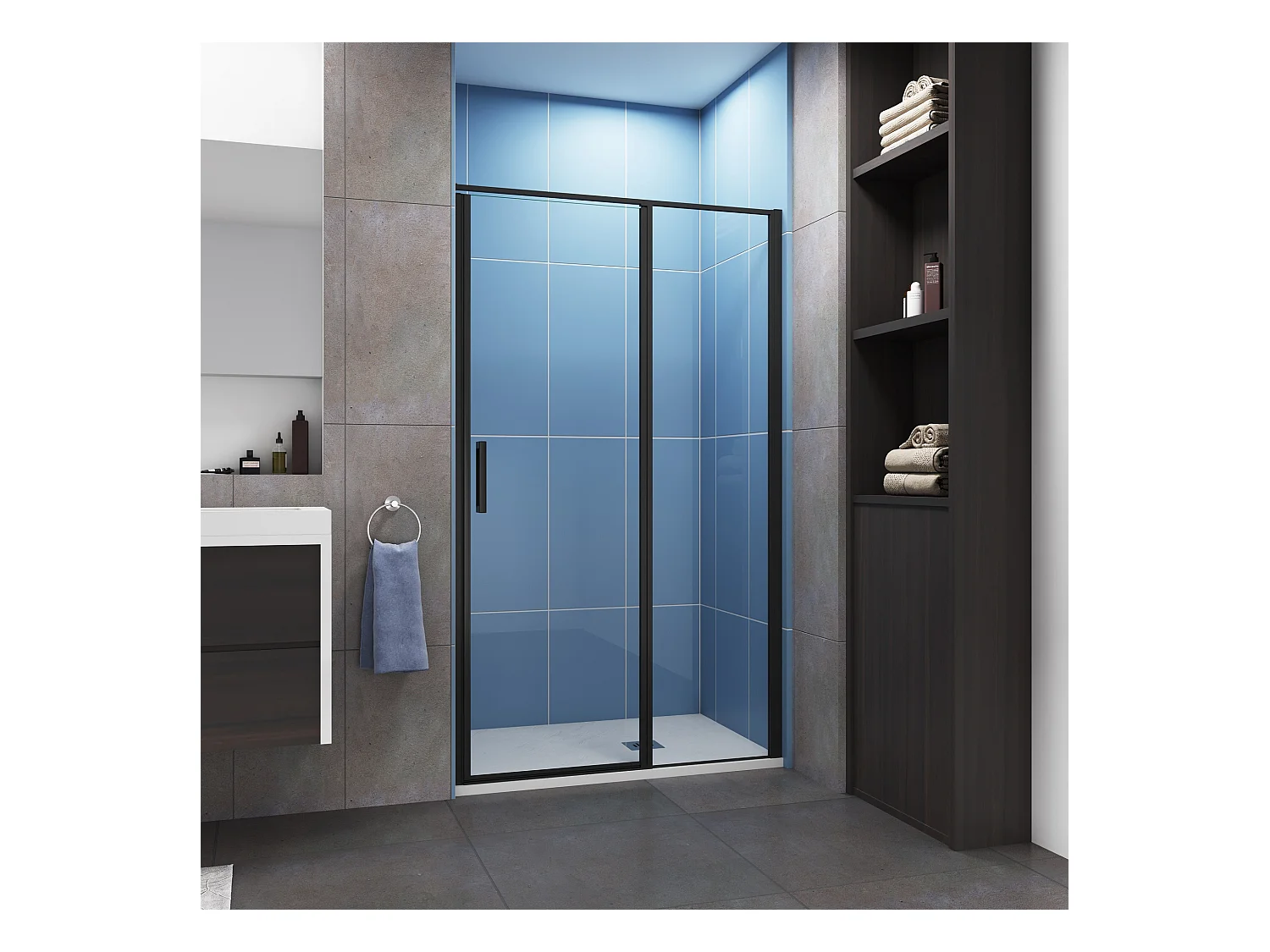 Porte de douche pivotante 140x185cm profilé noir mat Installation en niche, verre securit anticalcaire