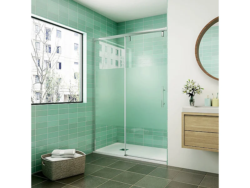Porte de douche coulissante avec l'amortisseur 140x190cm verre sablé au centre - Installé à Gauche
