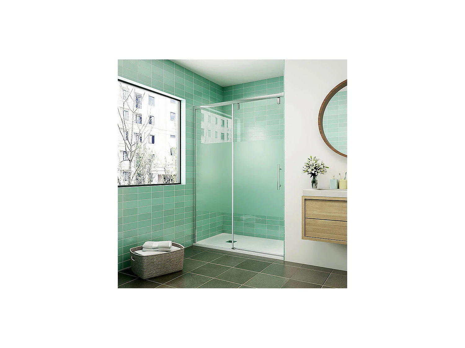 Porte de douche coulissante avec l'amortisseur 140x190cm verre sablé au centre - Installé à Gauche