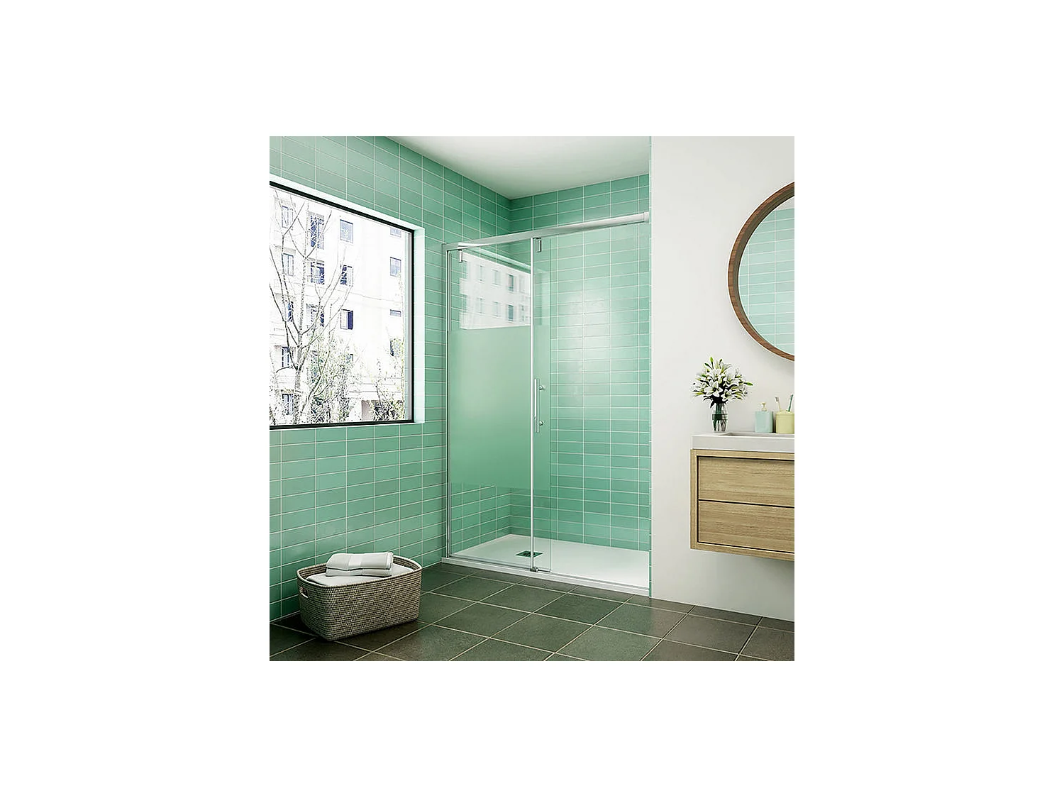 Porte de douche coulissante avec l'amortisseur 140x190cm verre sablé au centre - Installé à Gauche