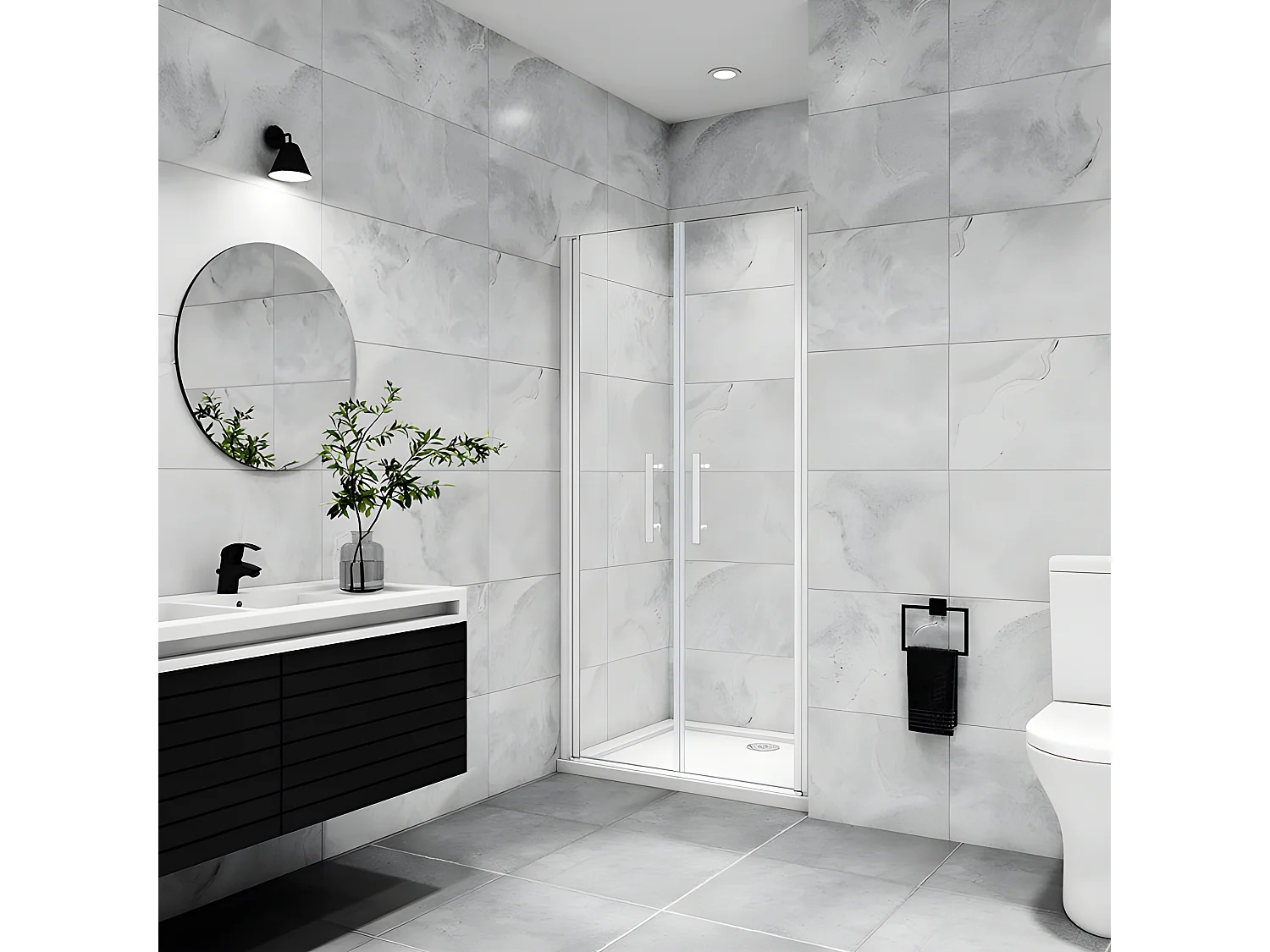 Porte de douche battante 90x180cm profilé blanc en 5mm verre anticalcaire porte de douche Hauteur 180cm Installation en niche