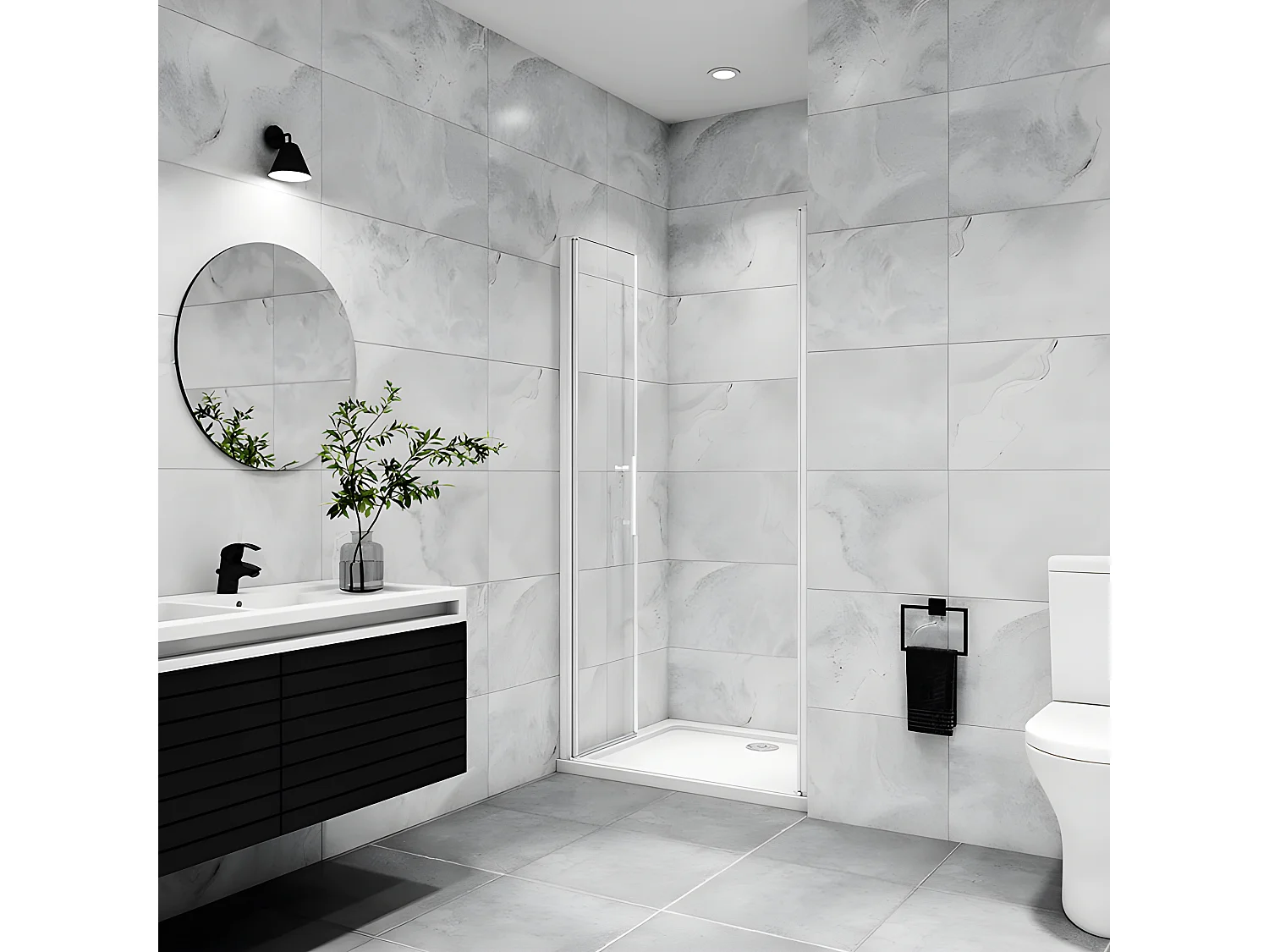 Porte de douche battante 90x180cm profilé blanc en 5mm verre anticalcaire porte de douche Hauteur 180cm Installation en niche