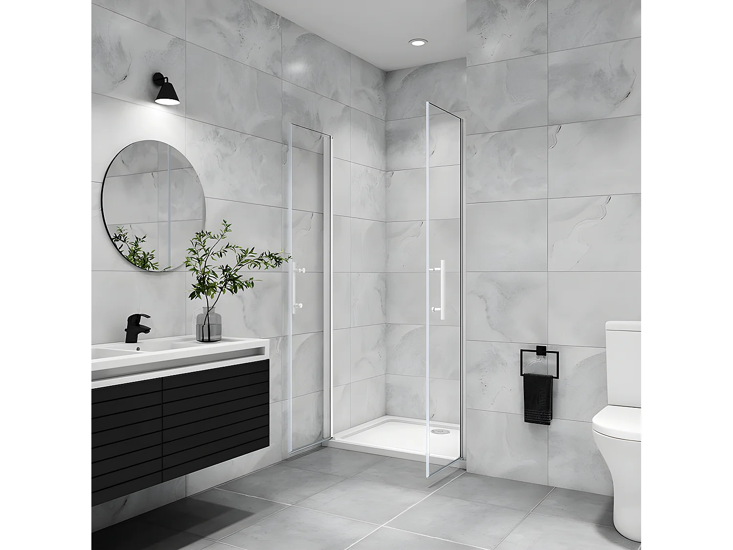 Porte de douche battante 90x180cm profilé blanc en 5mm verre anticalcaire porte de douche Hauteur 180cm Installation en niche