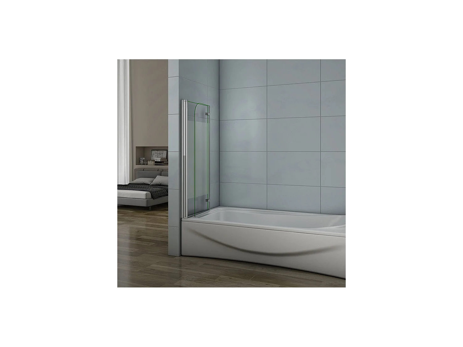 Pare-baignoire 100x140cm pivotant et pliant, paroi de baignoire installé à gauche en verre anticalcaire et sablé au centre