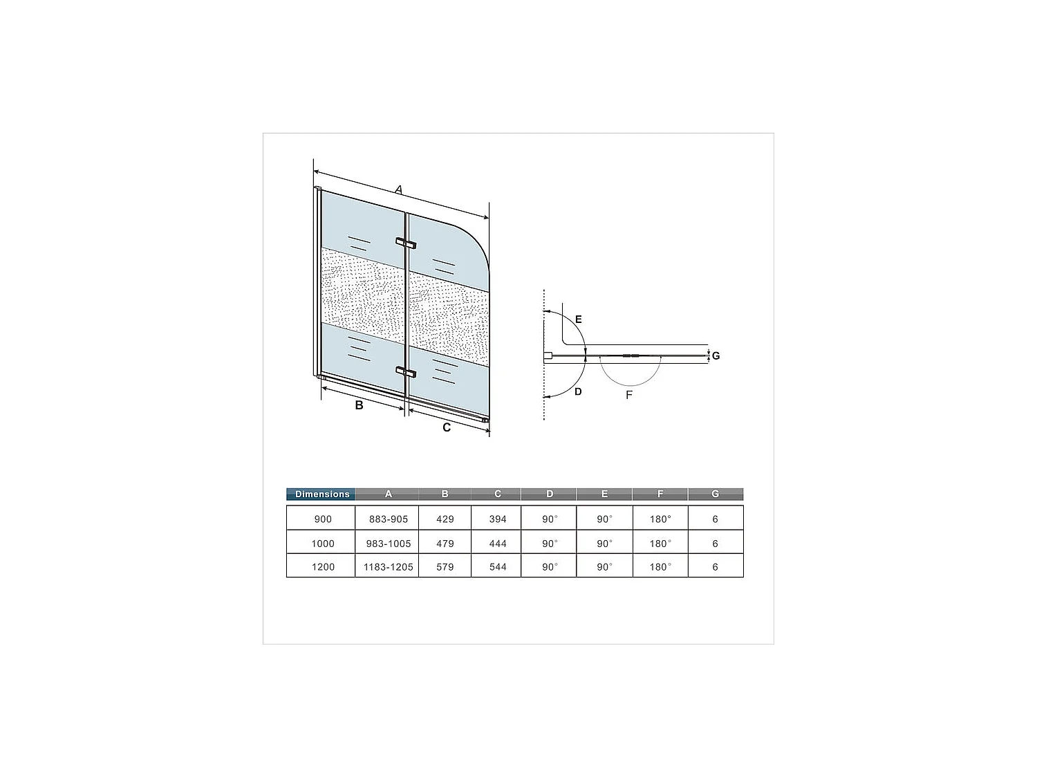 Pare-baignoire 100x140cm pivotant et pliant, paroi de baignoire installé à gauche en verre anticalcaire et sablé au centre