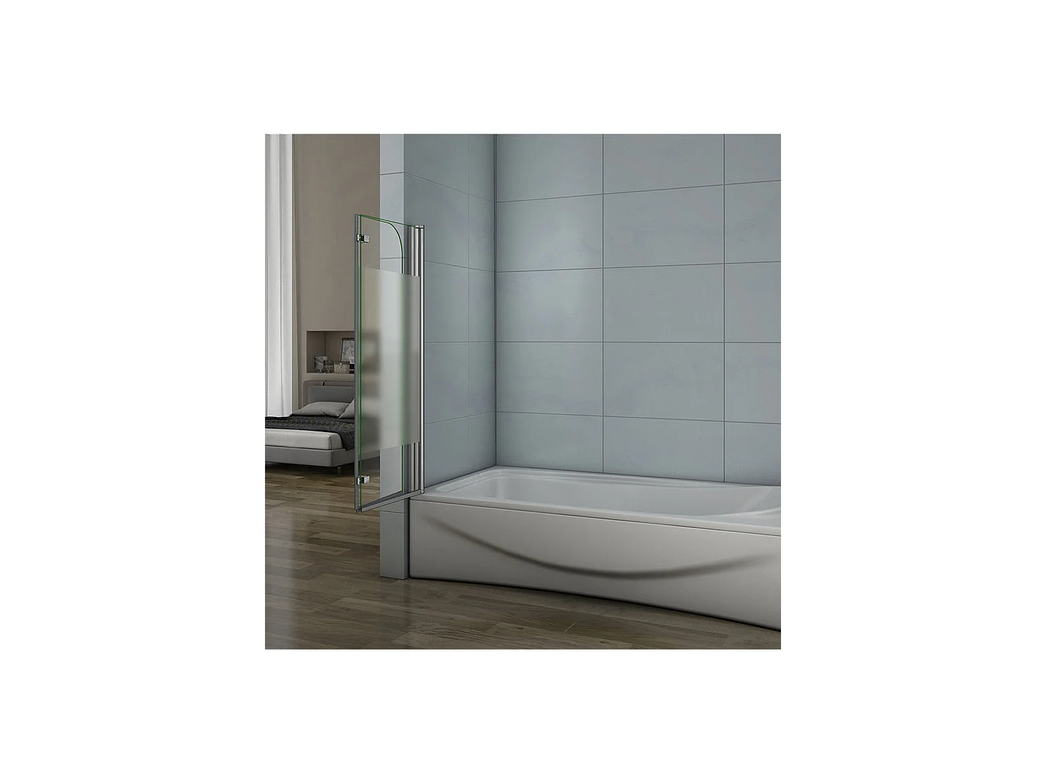 Pare-baignoire 90x140cm pivotant et pliant, paroi de baignoire installé à gauche en verre anticalcaire et sablé au centre