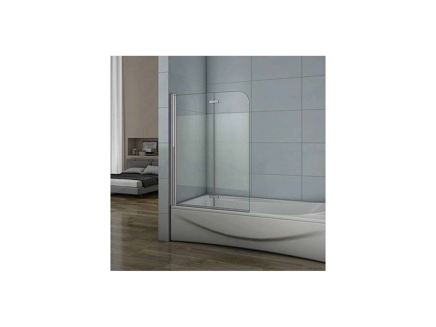 Draai- en opklapbaar badscherm 90x140cm, links gemonteerd badscherm in antikalkglas en in het midden gezandstraald