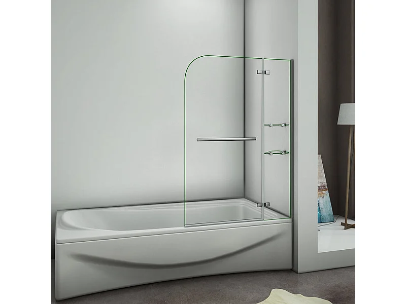 Pare-baignoire 100x140cm pivotant 90° en verre trempé, paroi de baignoire avec porte-serviette et 2 étagères