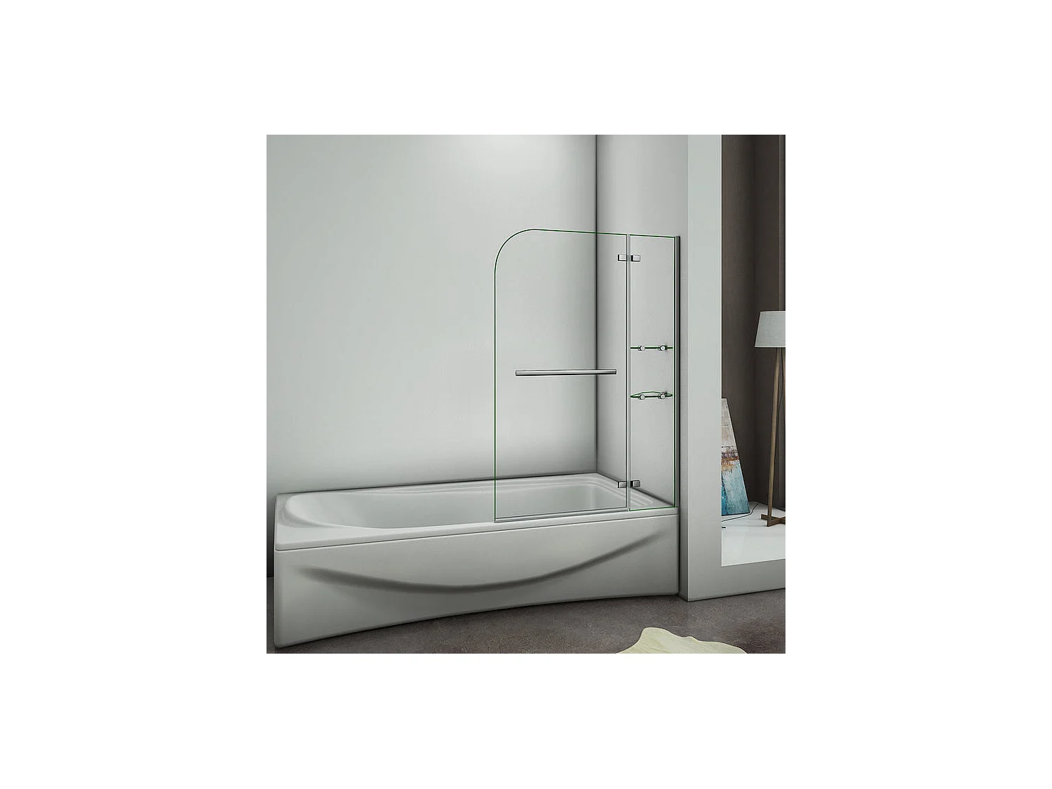Pare-baignoire 100x140cm pivotant 90° en verre trempé, paroi de baignoire avec porte-serviette et 2 étagères