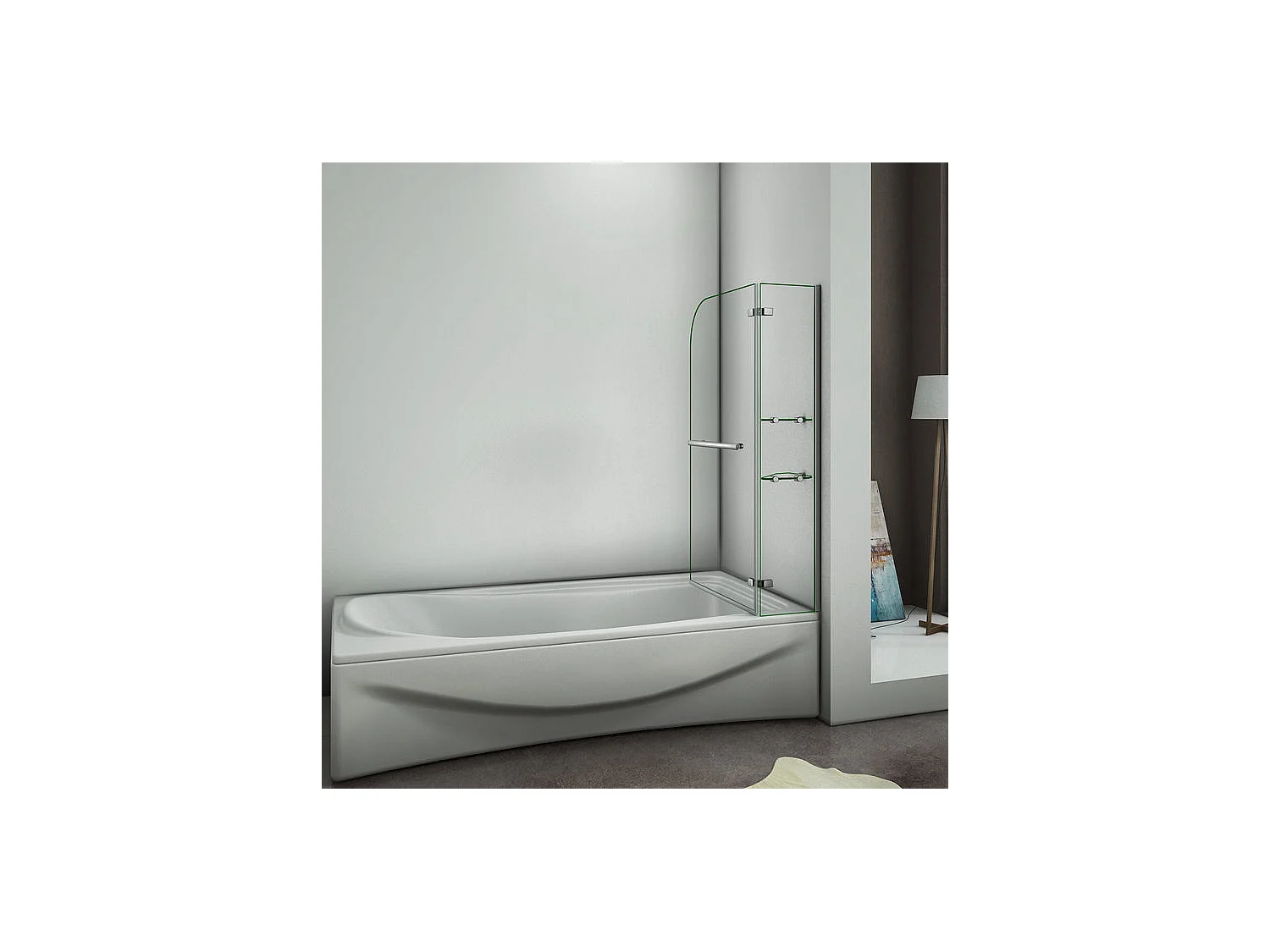 Pare-baignoire 100x140cm pivotant 90° en verre trempé, paroi de baignoire avec porte-serviette et 2 étagères