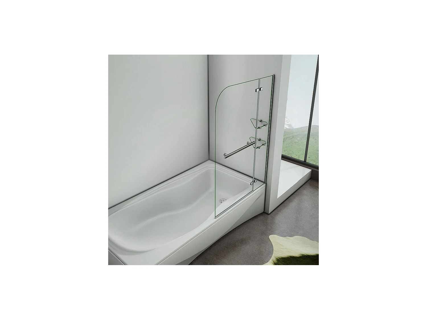 Pare-baignoire 100x140cm pivotant 90° en verre trempé, paroi de baignoire avec porte-serviette et 2 étagères