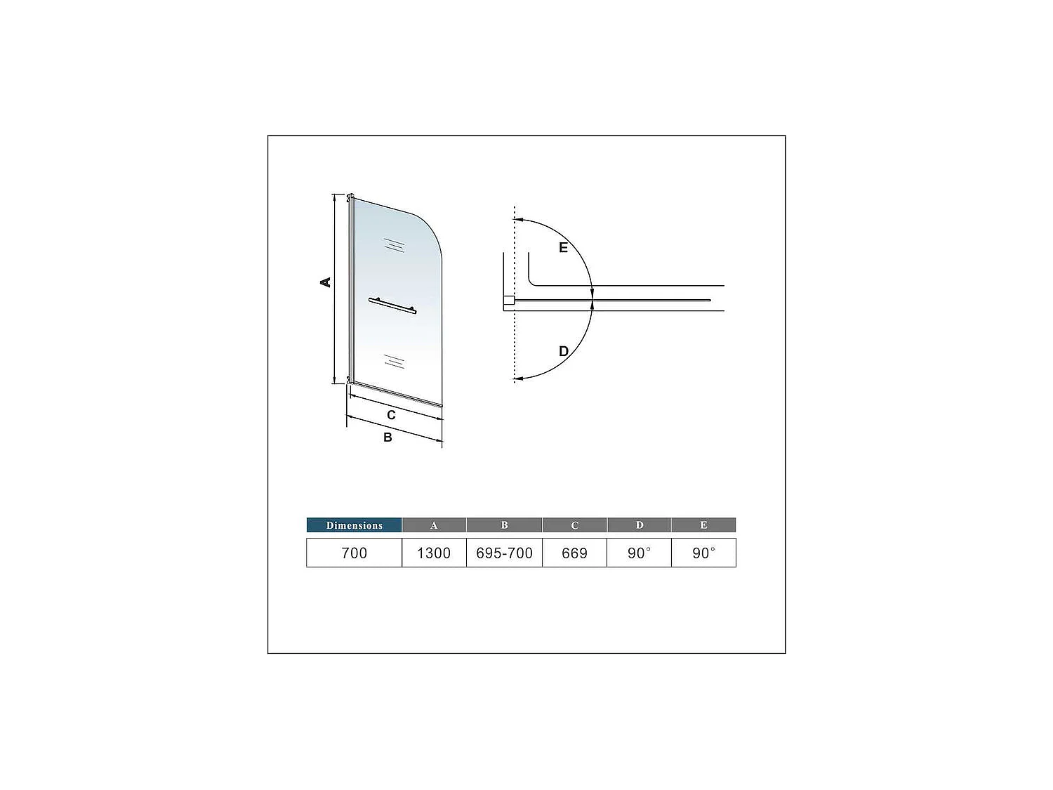 Pare-baignoire 70x130cm pivotant 180° en verre trempé, paroi de baignoire avec porte-serviette