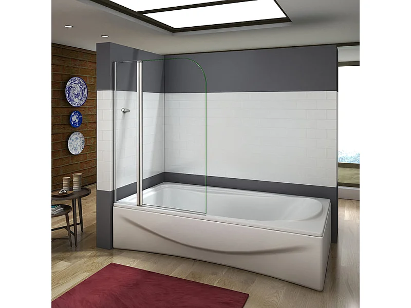 Pare-baignoire 100x140cm pivotant 180°, paroi de baignoire en verre 5mm trempé anticalcaire, avec porte-serviette