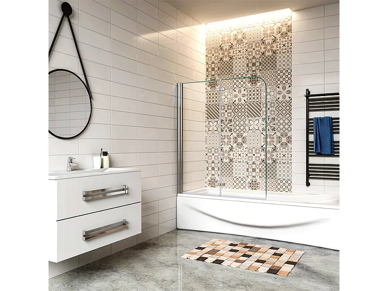 Pare-baignoire 100x140cm pivotant et pliant, paroi de baignoire, écran de douche à 2 volets en verre trempé transparent