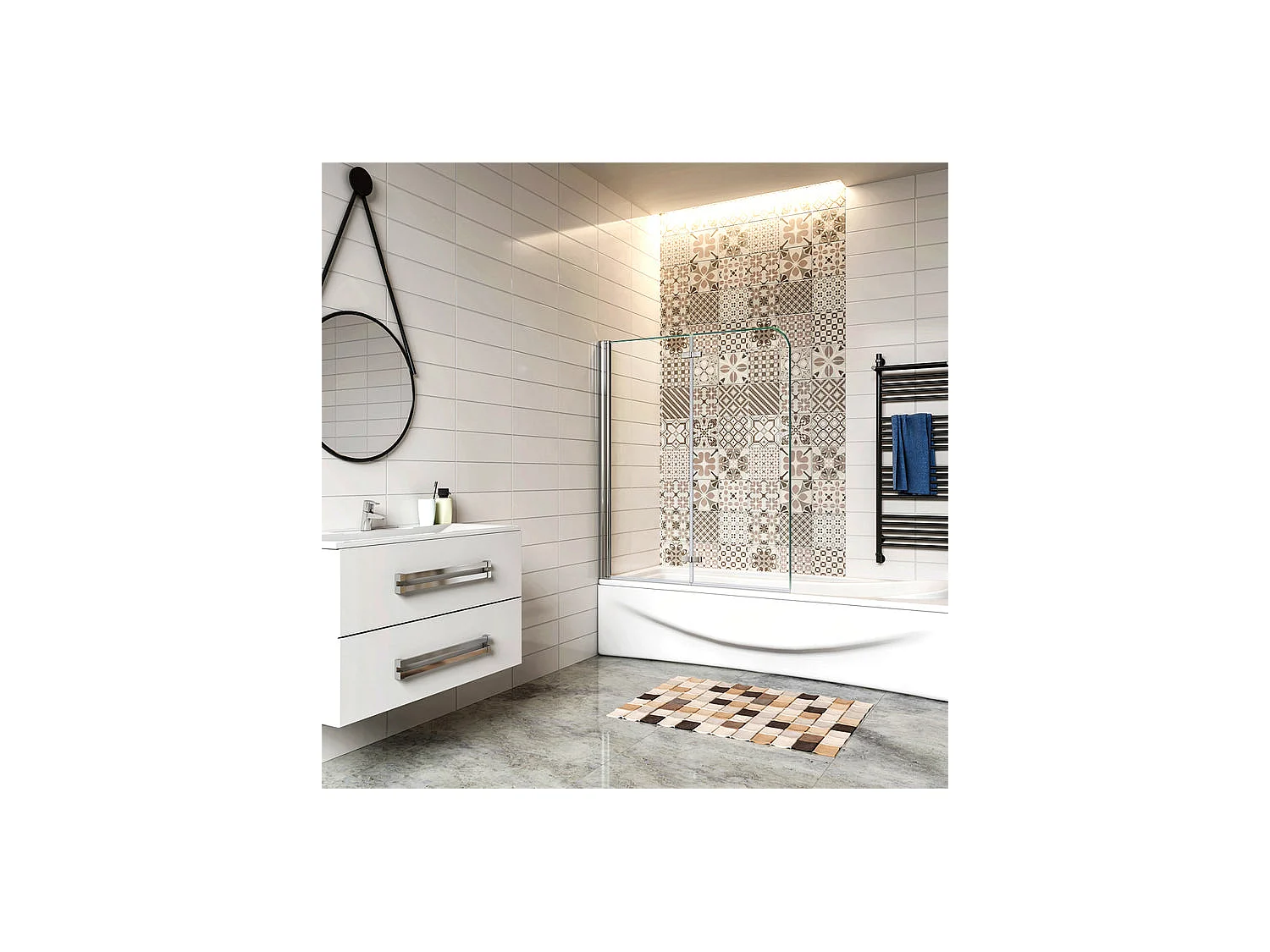 Pare-baignoire 100x140cm pivotant et pliant, paroi de baignoire, écran de douche à 2 volets en verre trempé transparent
