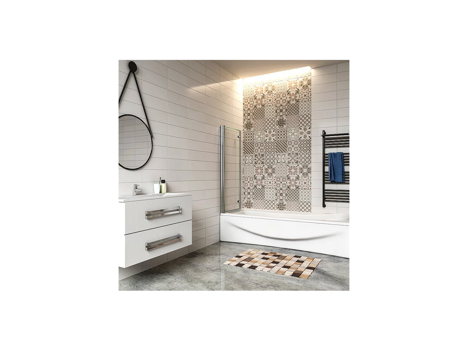 Pare-baignoire 100x140cm pivotant et pliant, paroi de baignoire, écran de douche à 2 volets en verre trempé transparent