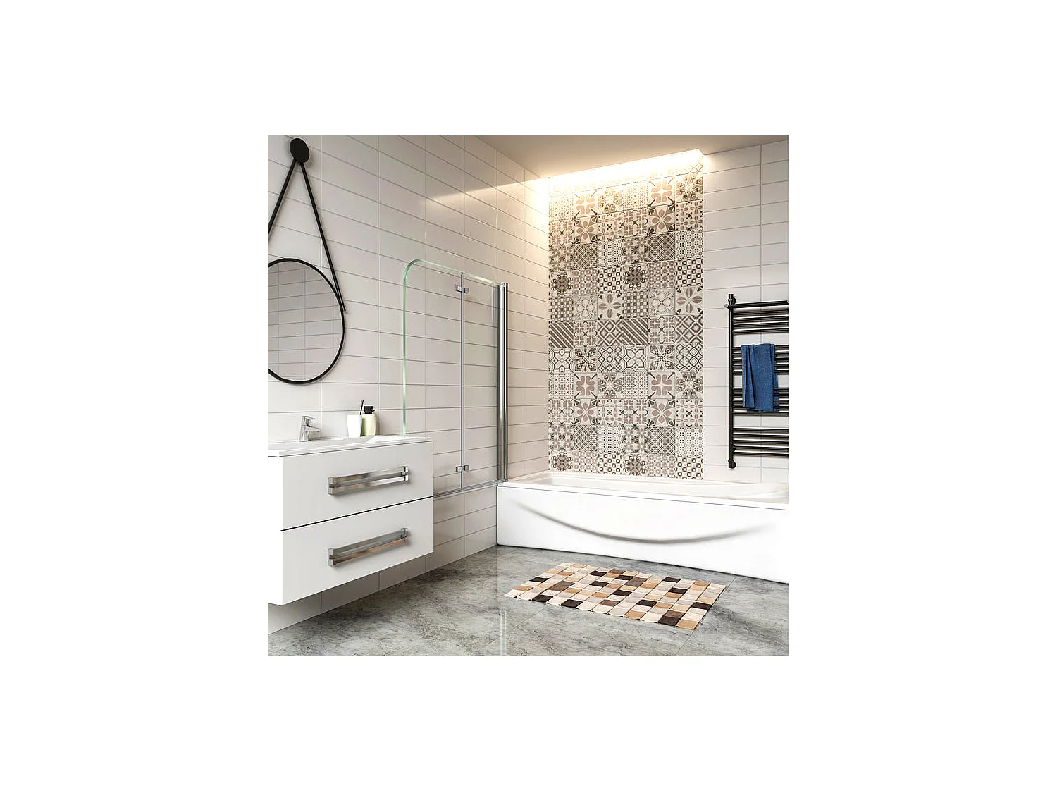 Pare-baignoire 100x140cm pivotant et pliant, paroi de baignoire, écran de douche à 2 volets en verre trempé transparent