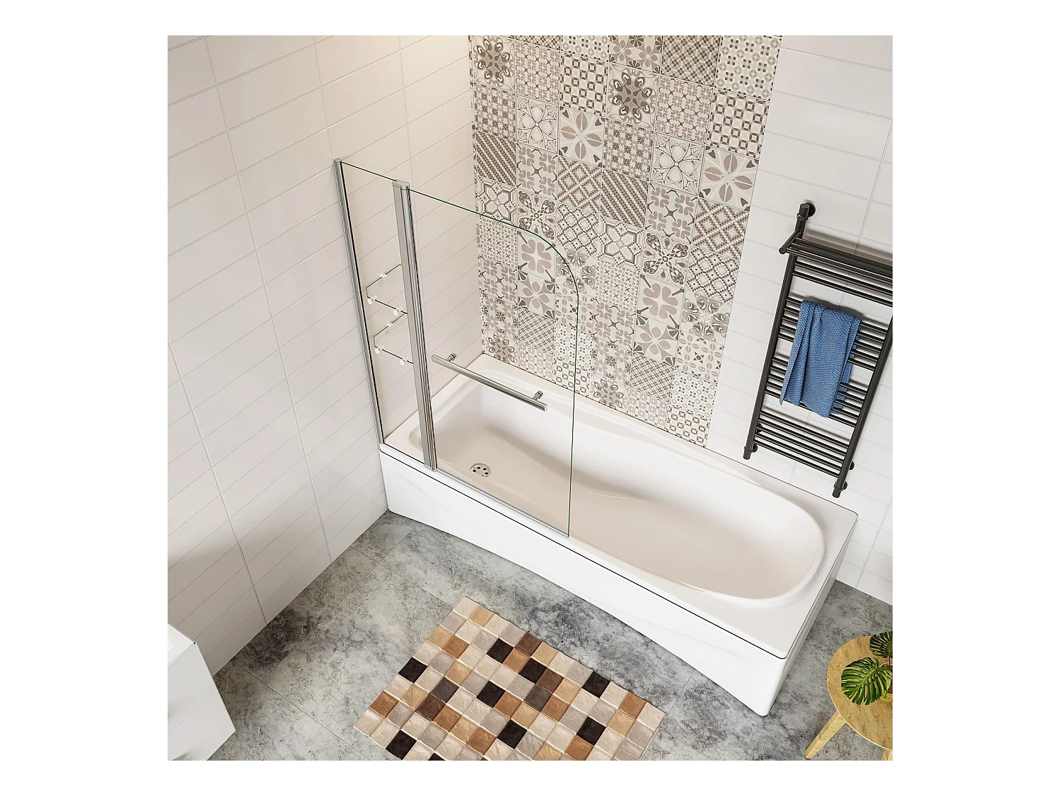 Pare-baignoire 120x140cm pivotant 180° , paroi de baignoire en verre trempé transparent, avec porte-serviette et étagères