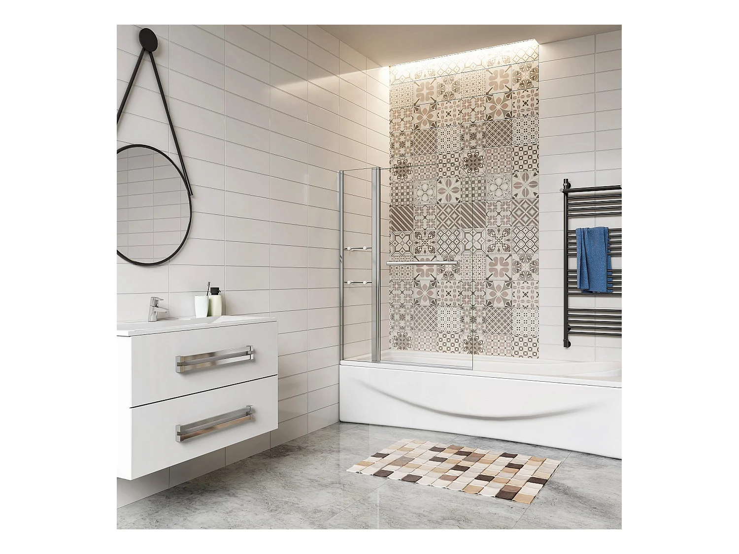 Pare-baignoire 120x140cm pivotant 180° , paroi de baignoire en verre trempé transparent, avec porte-serviette et étagères