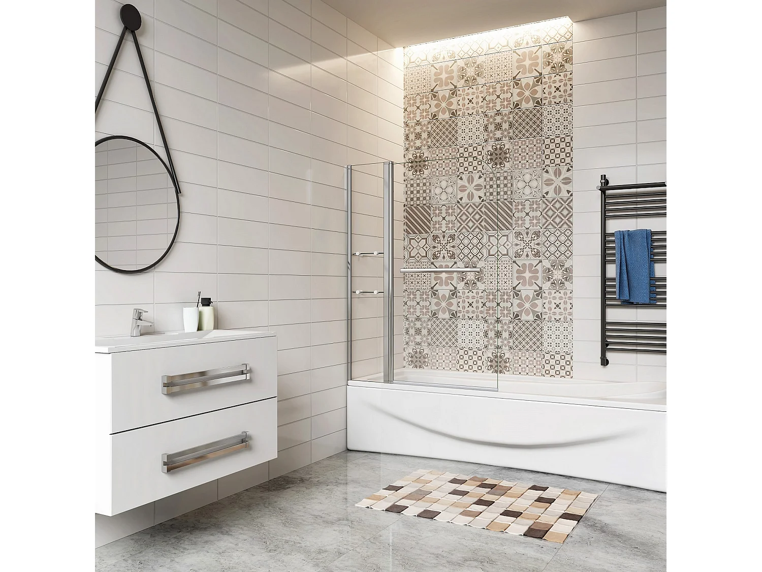 Pare-baignoire 120x140cm pivotant 180° , paroi de baignoire en verre trempé transparent, avec porte-serviette et étagères