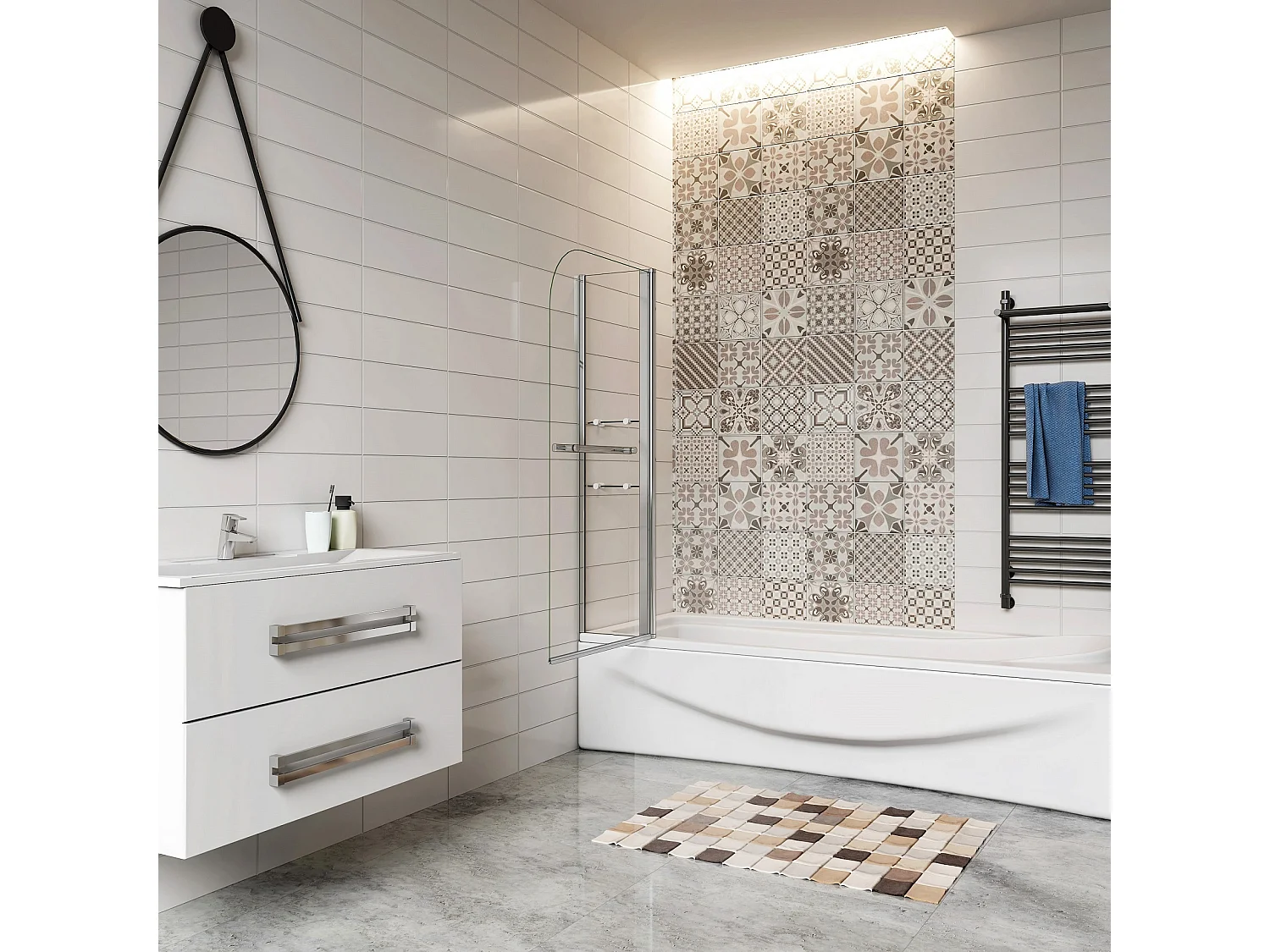 Pare-baignoire 120x140cm pivotant 180° , paroi de baignoire en verre trempé transparent, avec porte-serviette et étagères