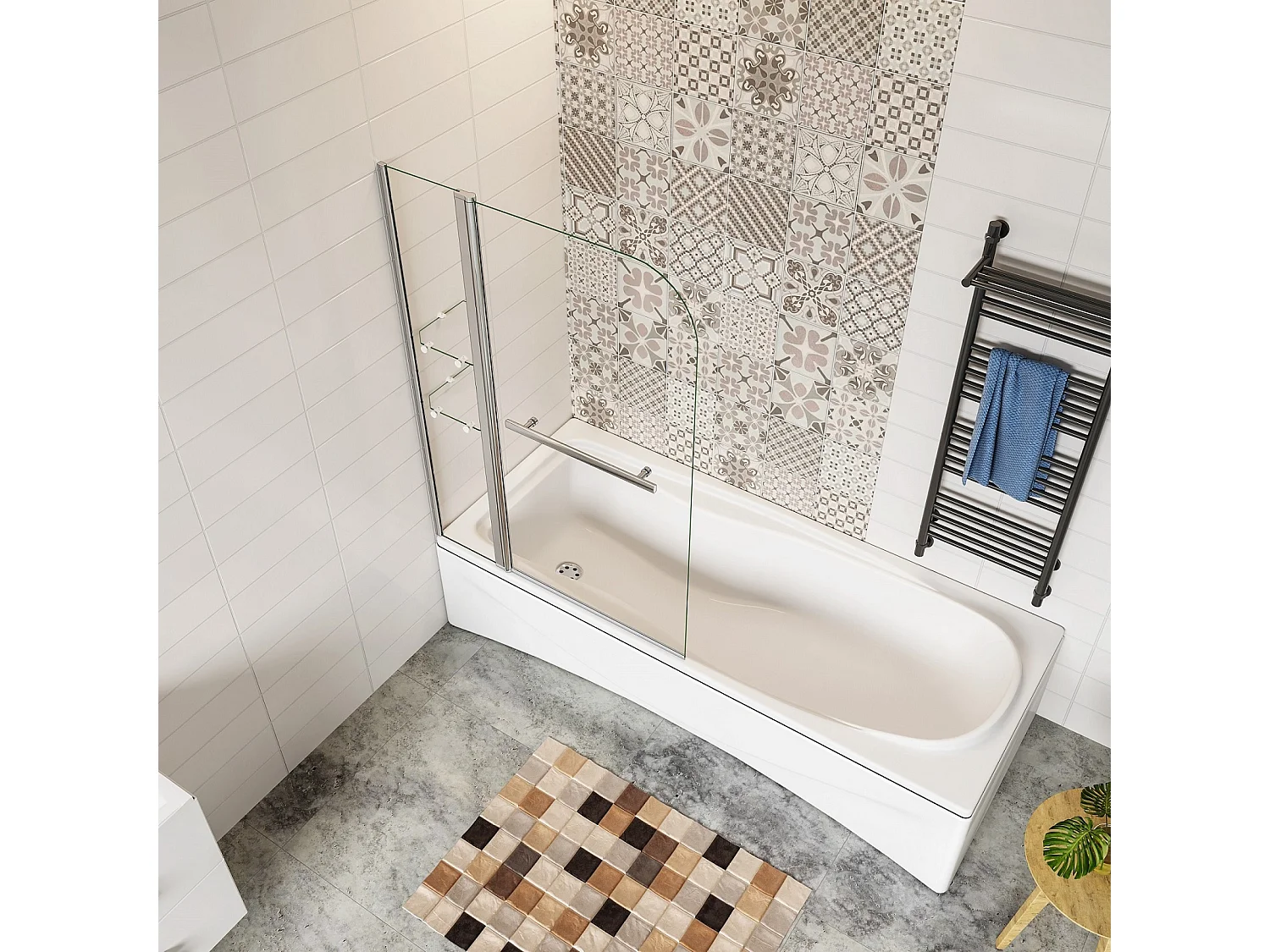 Pare-baignoire 120x140cm pivotant 180° , paroi de baignoire en verre trempé transparent, avec porte-serviette et étagères