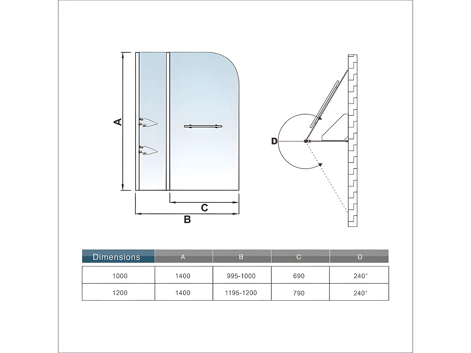 Pare-baignoire 120x140cm pivotant 180° , paroi de baignoire en verre trempé transparent, avec porte-serviette et étagères