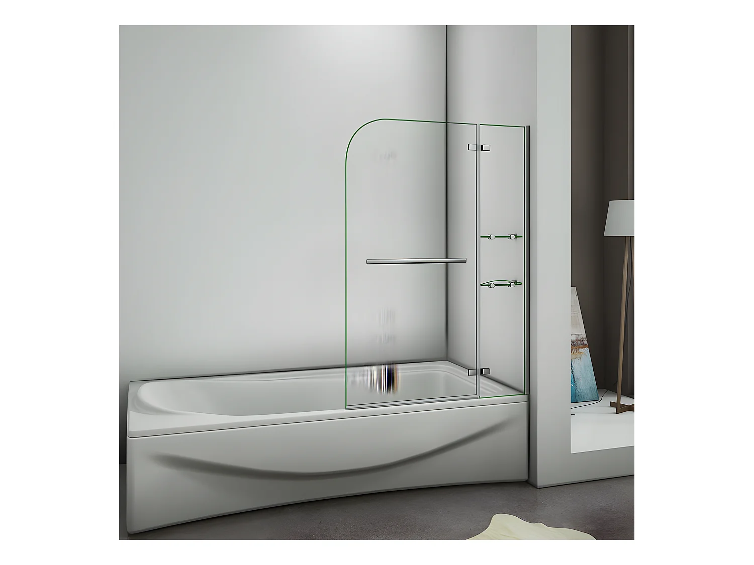 Pare-baignoire 90x140cm pivotant 90° en verre trempé, paroi de baignoire avec porte-serviette et 2 étagères
