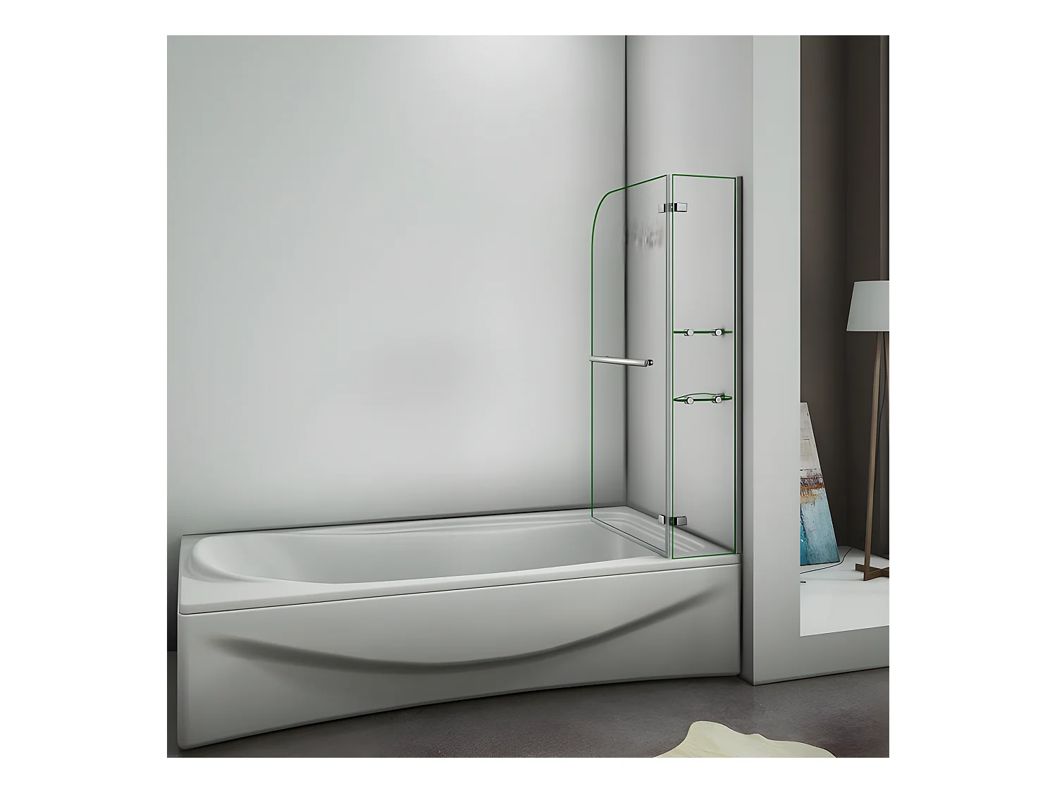 Pare-baignoire 90x140cm pivotant 90° en verre trempé, paroi de baignoire avec porte-serviette et 2 étagères