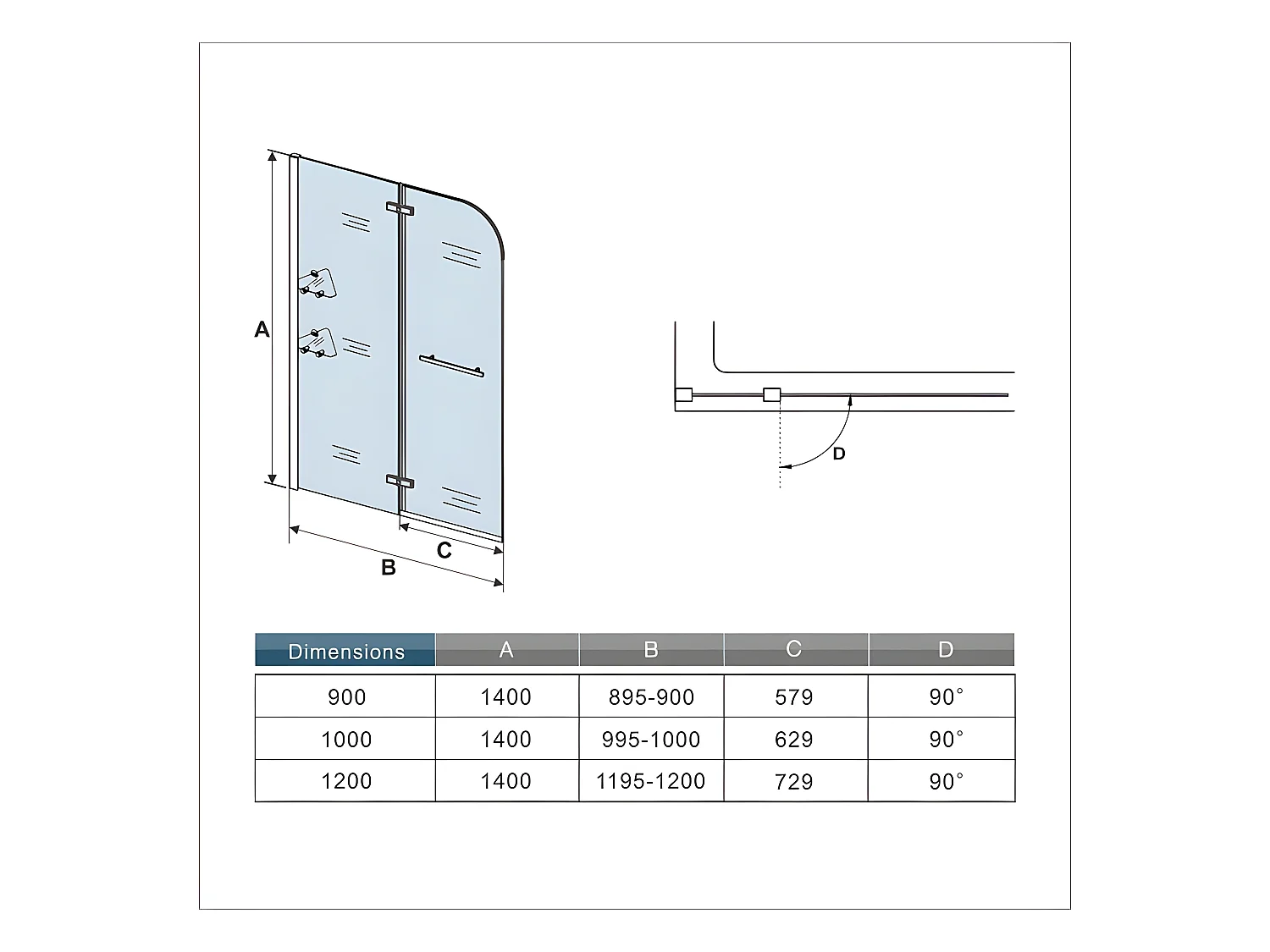 Pare-baignoire 90x140cm pivotant 90° en verre trempé, paroi de baignoire avec porte-serviette et 2 étagères
