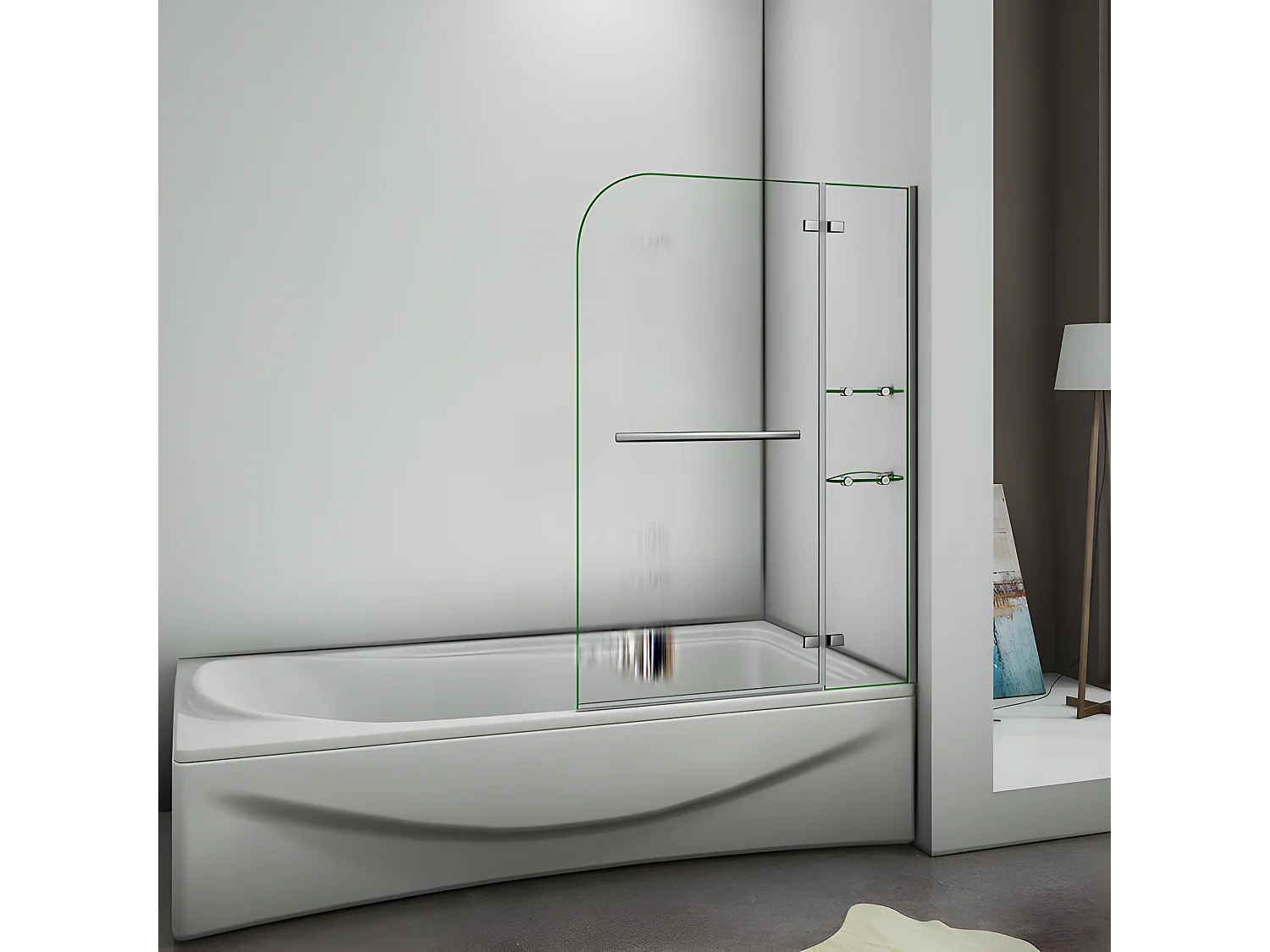 Pare-baignoire 90x140cm pivotant 90° en verre trempé, paroi de baignoire avec porte-serviette et 2 étagères