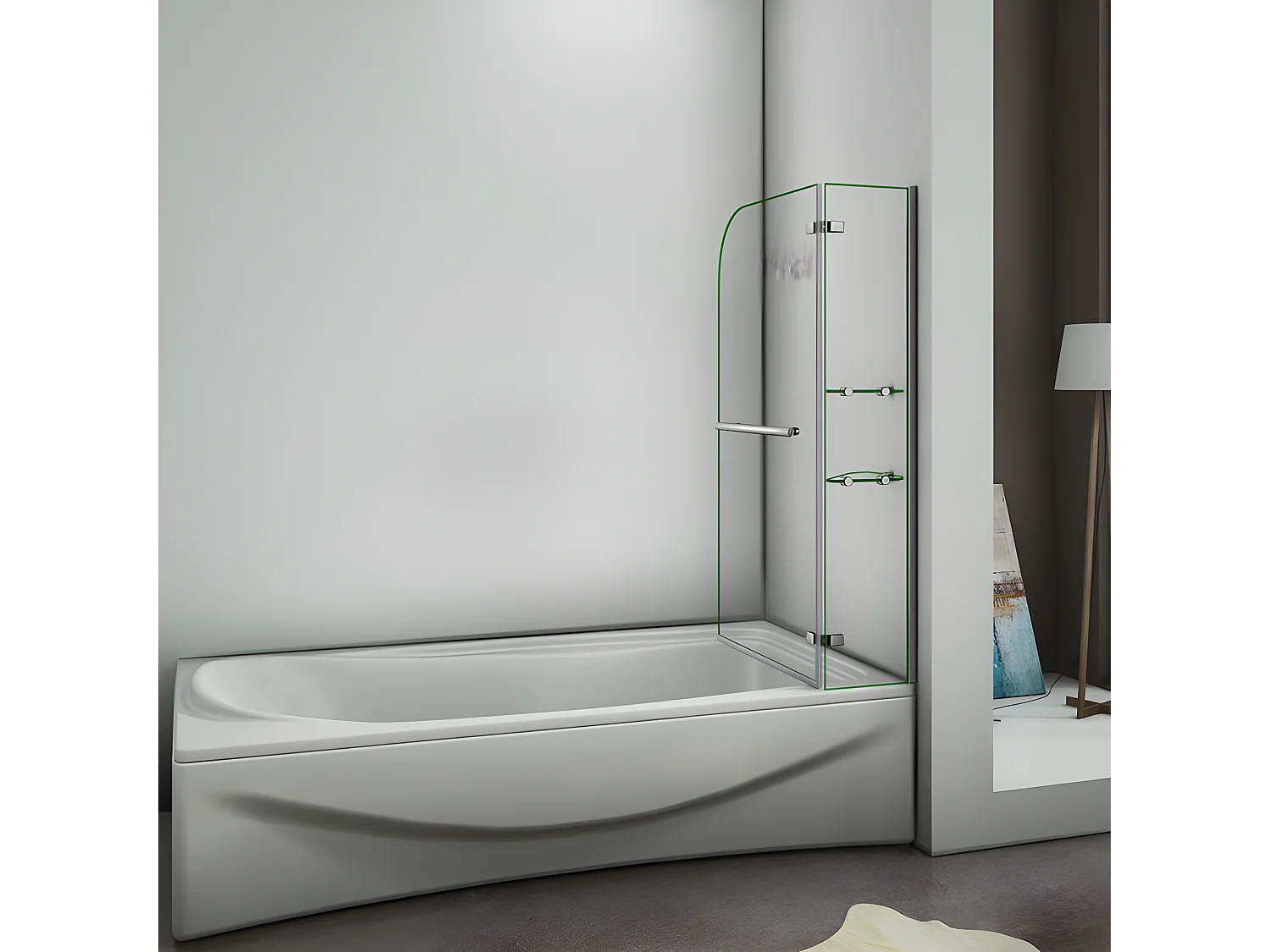 Pare-baignoire 90x140cm pivotant 90° en verre trempé, paroi de baignoire avec porte-serviette et 2 étagères