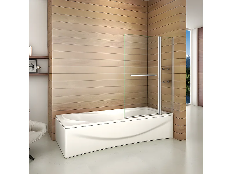 Pare-baignoire 100x140cm rectangle, paroi de baignoire pivotant 240° en verre de sécurité, avec 2 étagères