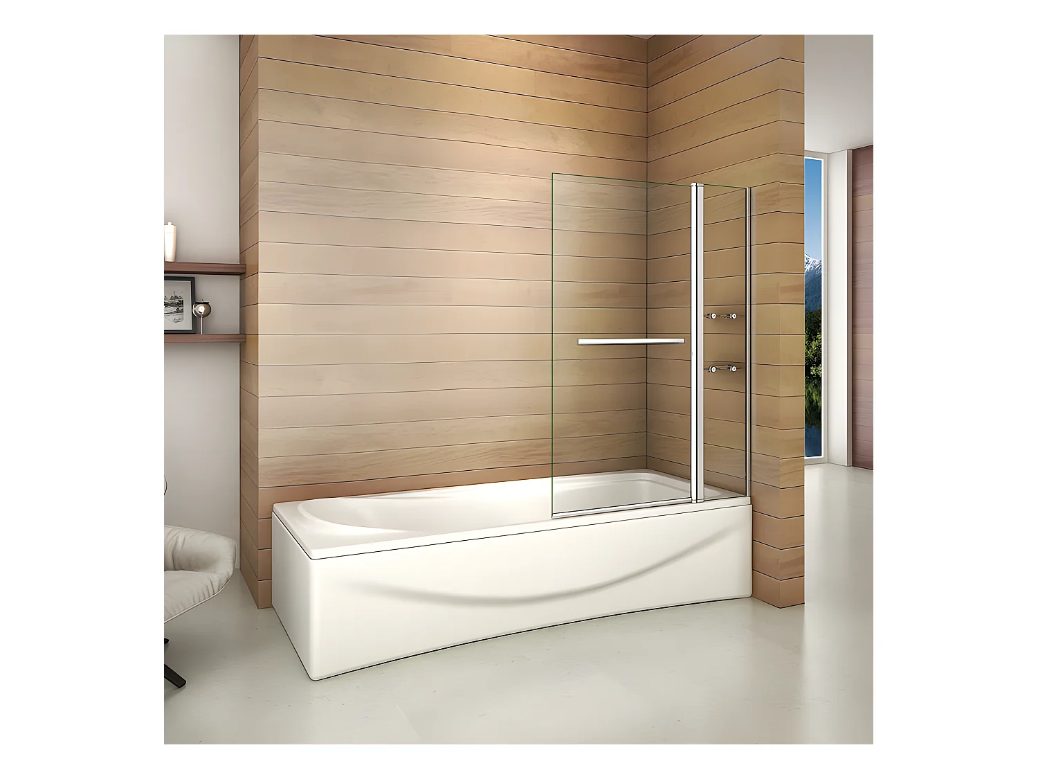 Pare-baignoire 100x140cm rectangle, paroi de baignoire pivotant 240° en verre de sécurité, avec 2 étagères