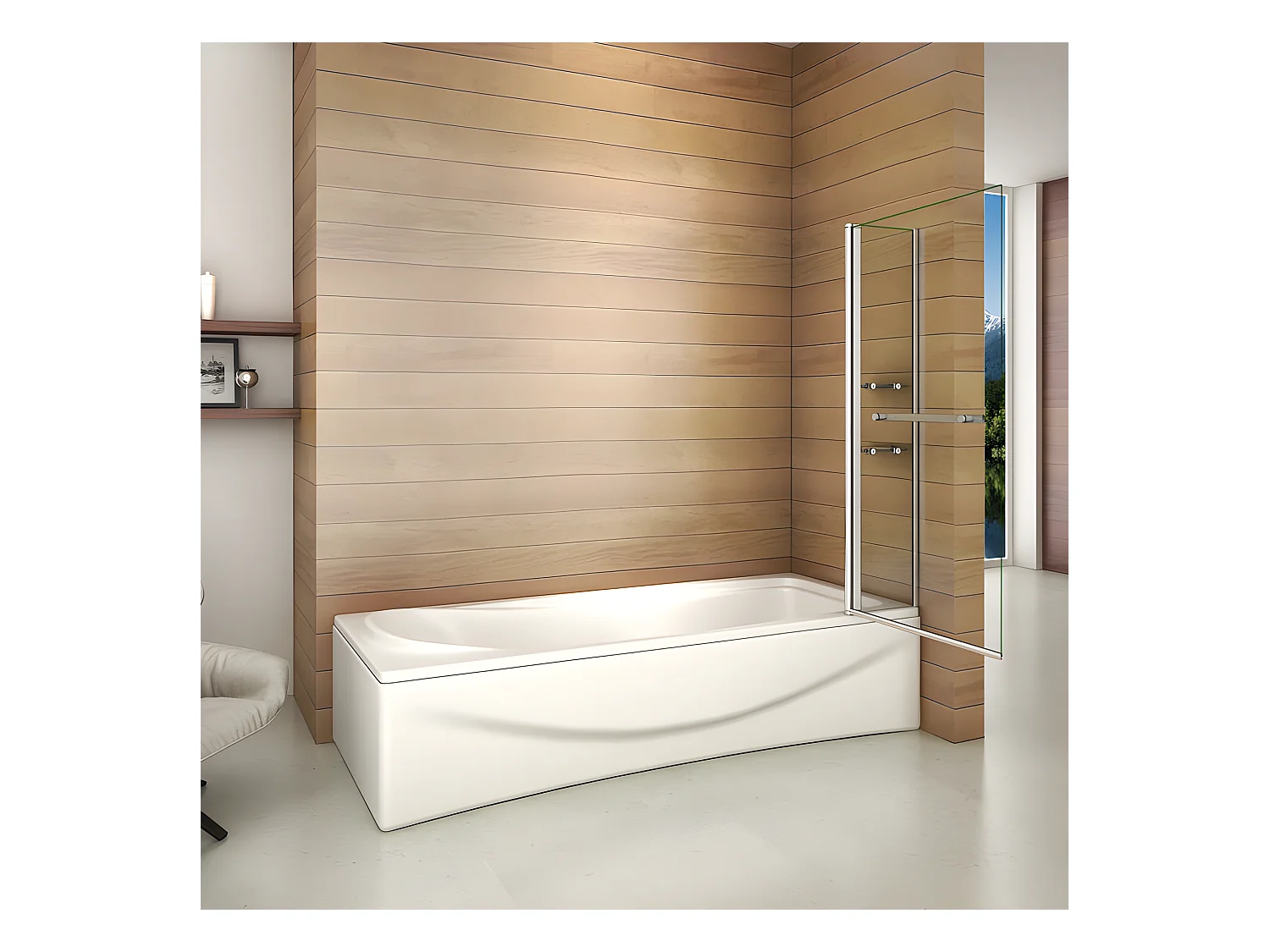 Pare-baignoire 100x140cm rectangle, paroi de baignoire pivotant 240° en verre de sécurité, avec 2 étagères