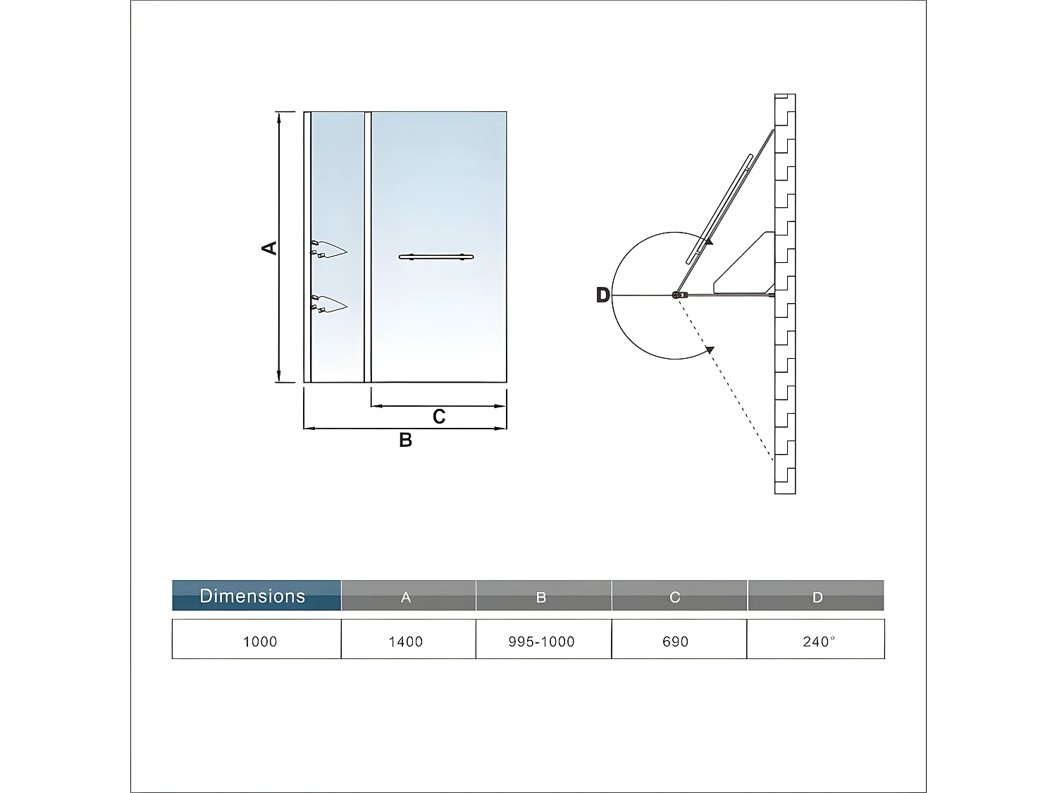 Pare-baignoire 100x140cm rectangle, paroi de baignoire pivotant 240° en verre de sécurité, avec 2 étagères
