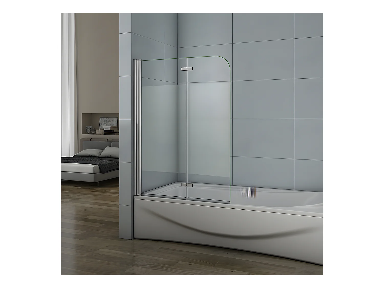 Pare-baignoire 120x140cm pivotant et pliant, paroi de baignoire installé à gauche en verre anticalcaire et sablé au centre