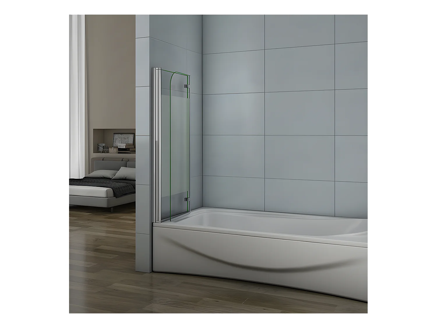 Pare-baignoire 120x140cm pivotant et pliant, paroi de baignoire installé à gauche en verre anticalcaire et sablé au centre