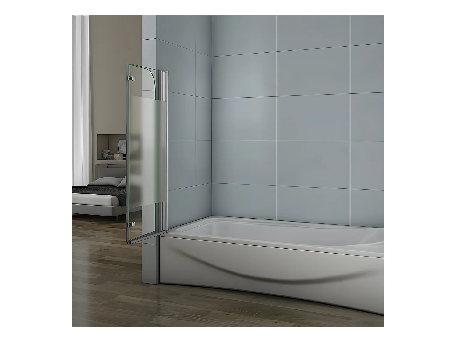 Pare-baignoire 120x140cm pivotant et pliant, paroi de baignoire installé à gauche en verre anticalcaire et sablé au centre