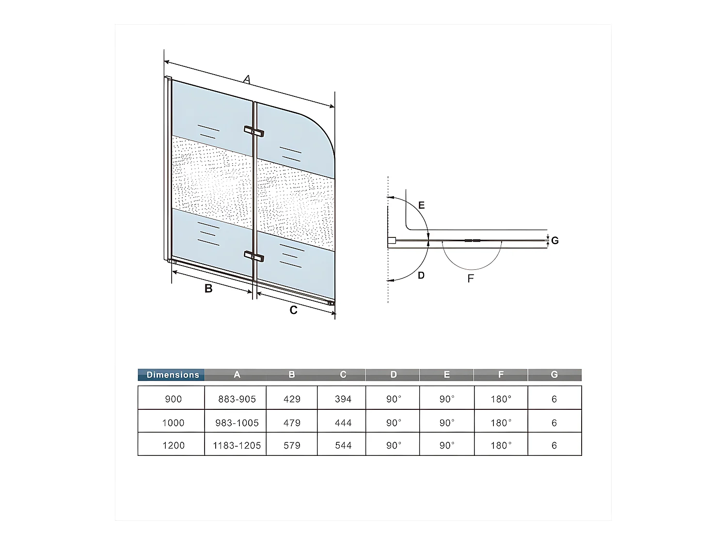Pare-baignoire 120x140cm pivotant et pliant, paroi de baignoire installé à gauche en verre anticalcaire et sablé au centre