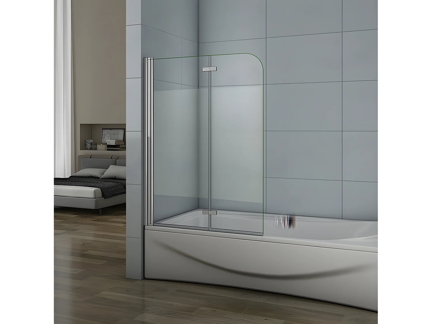 Pare-baignoire 120x140cm pivotant et pliant, paroi de baignoire installé à gauche en verre anticalcaire et sablé au centre