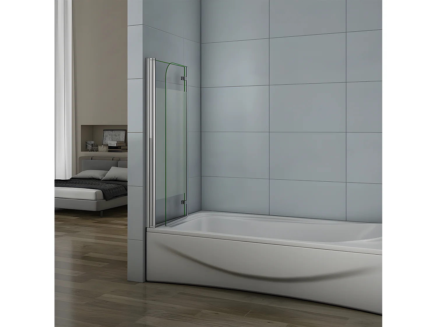 Pare-baignoire 120x140cm pivotant et pliant, paroi de baignoire installé à gauche en verre anticalcaire et sablé au centre