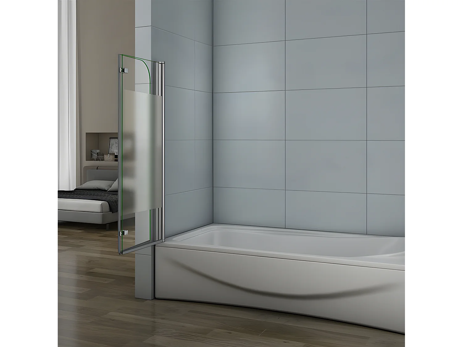 Pare-baignoire 120x140cm pivotant et pliant, paroi de baignoire installé à gauche en verre anticalcaire et sablé au centre